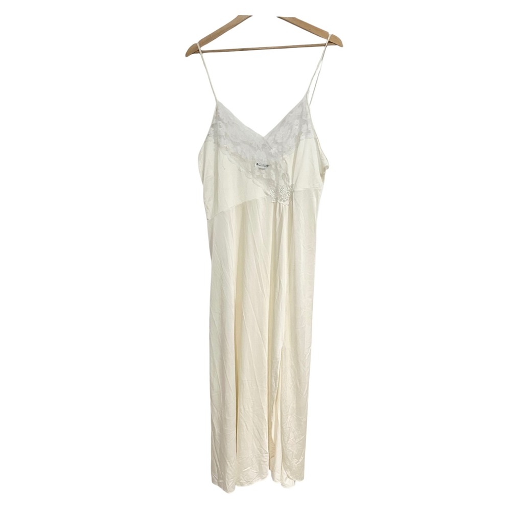 Vintage Apostrophe Sears Ivory Lace Trim Maxi Nightgown Nylon Slip Dress Large